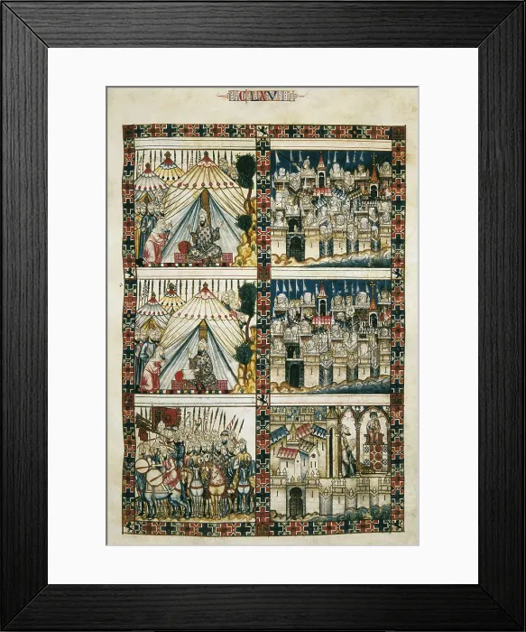 Framed Print : Alfonso X, called 'The Wise' (1221-1284). Cantigas de Santa Maria (Virgin Mary Songs). 13th c. Battle and soldiers scene. Gothic art. Miniature Painting. SPAIN