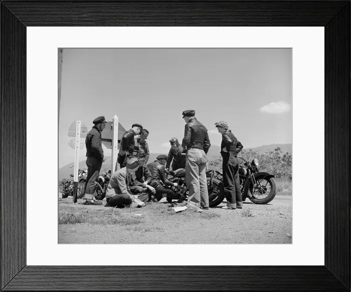 Framed Print : Motorcycle party stopped for roadside repairs, Santa Clara County, California, ca. 1940. (BSLOC_2013_8_193)