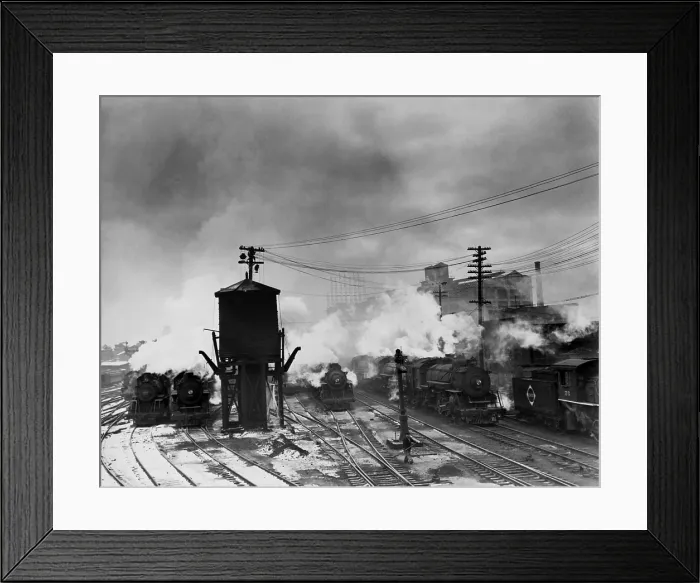 Framed Print : Locomotives and a water tower at the Erie Railroad yards, Jersey City, N.J. 1938. (BSLOC_2013_8_195)