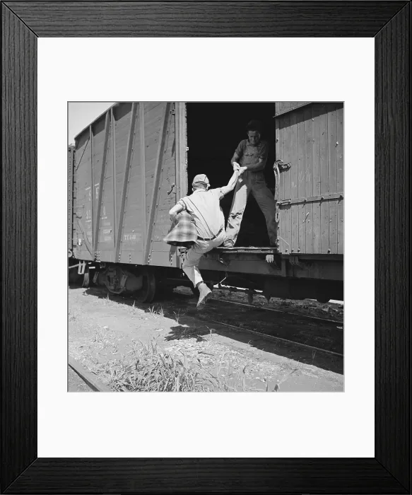Framed Print : Helping a man hop a freight at Bakersfield, California, 1930s. (BSLOC_2013_8_196) Framed Print : Helping a man hop a freight at Bakersfield, California, 1930s. (BSLOC_2013_8_196)