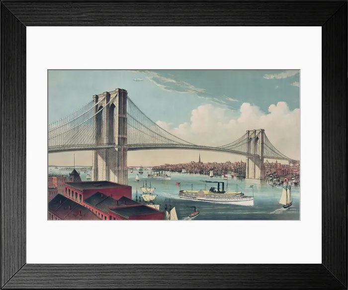Framed Print : The Brooklyn Bridge with Manhattan buildings in lower left and Brooklyn in the distance. 1883 chromolithograph by Currier Ives. LC-DIG-pga-00757