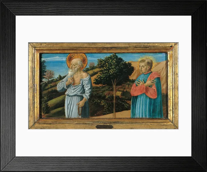Framed Print : St Jerome and a monk, by Benozzo di Lese di Sandro known as Benozzo Gozzoli, 15th Century, 1420 -1497, poplar wood panel, cm 29, 7 x 50, 8 - Spain, Comunidad de Madrid, Madrid Framed Print : St Jerome and a monk, by Benozzo di Lese di Sandro known as Benozzo Gozzoli, 15th Century, 1420 -1497, poplar wood panel, cm 29, 7 x 50, 8 - Spain, Comunidad de Madrid, Madrid