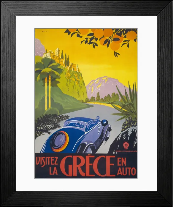 Framed Print : French travel poster shows an automobile driving along a road in Greece, ca. 1930. (BSLOC_2013_8_198) Framed Print : French travel poster shows an automobile driving along a road in Greece, ca. 1930. (BSLOC_2013_8_198)