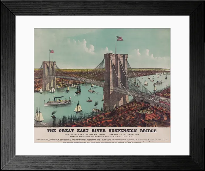 Framed Print : The Brooklyn Bridge viewed from Manhattan looking south toward Brooklyn showing the promenade cable car tracks and carriage roadway. 1890 chromolithograph by Currier Ives Framed Print : The Brooklyn Bridge viewed from Manhattan looking south toward Brooklyn showing the promenade cable car tracks and carriage roadway. 1890 chromolithograph by Currier Ives