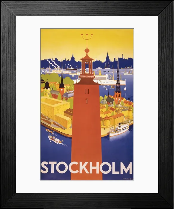 Framed Print : Swedish travel poster shows Stockholm's city hall and a bird's eye view of the harbor with ocean liners. 1936. (BSLOC_2013_8_199)
