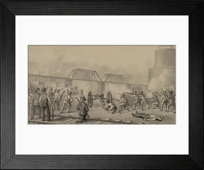 Framed Print : Great Battle of Homestead. Strikers shooting fireworks left over from July 4th celebrations at the Pinkerton barges. July 6, 1892 Framed Print : Great Battle of Homestead. Strikers shooting fireworks left over from July 4th celebrations at the Pinkerton barges. July 6, 1892