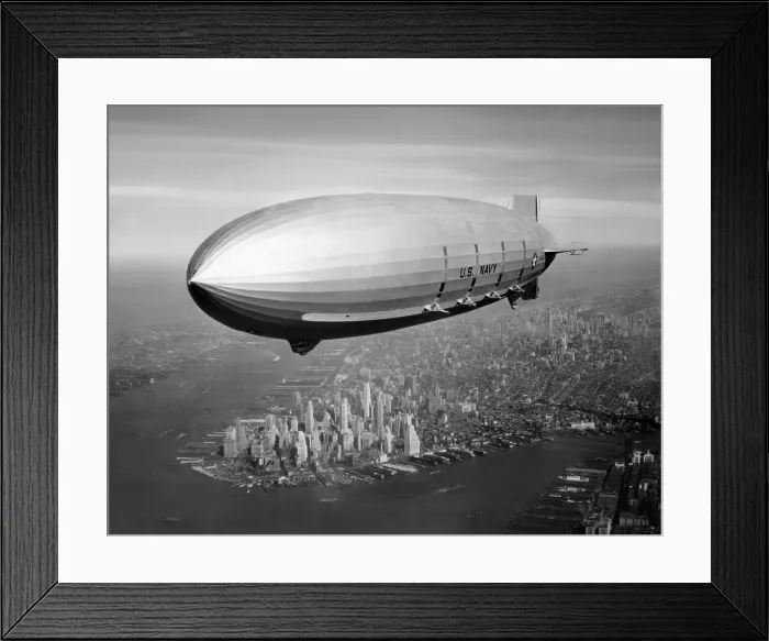 Framed Print : USS Macon, sister ship of USS Akron, over New York Harbor, ca. 1933. USS Macon, participated in Naval operations until crashing in a storm off Point Sur, California, on Feb