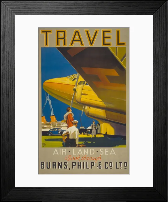 Framed Print : Australian poster reads, Travel-air, land, sea. Book through Burnes, Philip & Co. Ltd. The Poster depicts a woman, a baggage porter and others standing by an airplane
