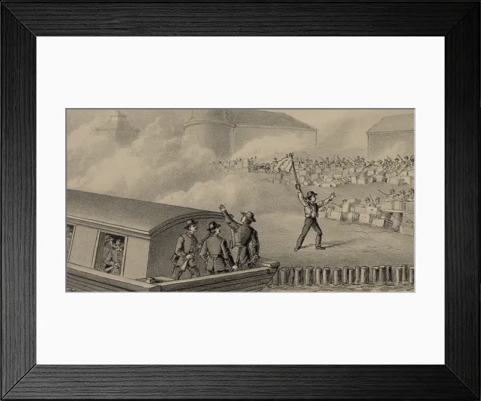 Framed Print : Great Battle of Homestead, Pinkerton Guards surrendering to the Strikers after a 12 hour battle, that resulted in several deaths on both sides