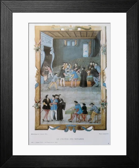 Framed Print : Privileges of the royal school of notaries and secretaries, 1365-1545. Manuscript MS-5169, Page 2v. 16th century. Illustration from 'La France au XVI sicle'. 1971