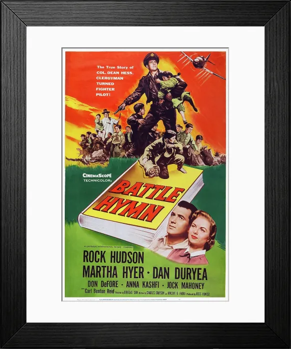 Framed Print : BATTLE HYMN, US poster art, bottom from left: Rock Hudson, Martha Hyer, 1957
