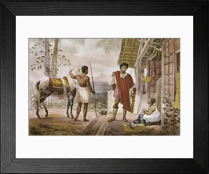 Framed Print : DEBRET, Jean Baptiste (1768-1848). A Colourful and Historic Journey to Brazil. 1839. Guaicuruan chief going to trade with Europeans. Costumbrism. Litography