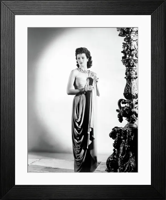 Framed Print : LOOK BEFORE YOU LOVE, Margaret Lockwood, in a gown of grayish-pink jersey with gold and emerald collar, 1948