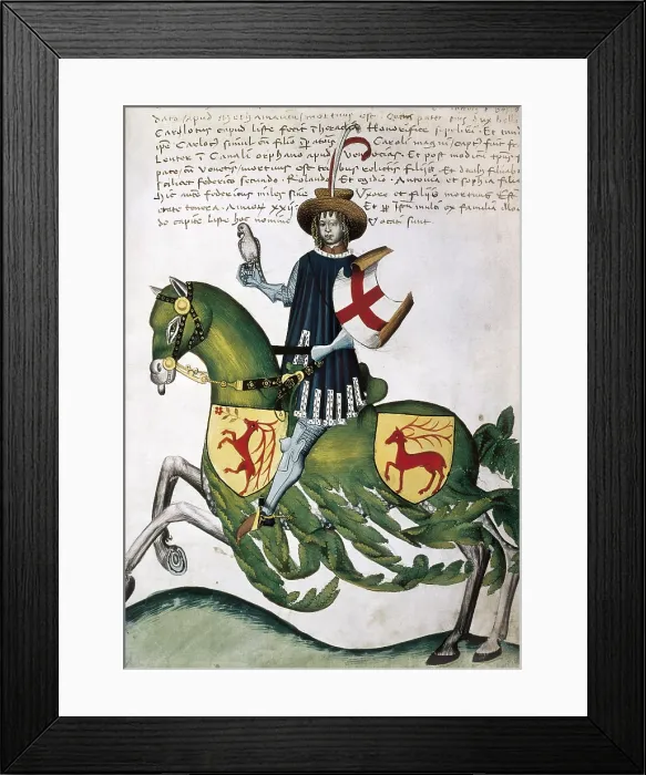 Framed Print : CAPODILISTA, Giovanni Francesco (15th c. - 15th c.). Capodilista Codex. 1434. Federico Carlotis, Knight of the lineage Capodilista, dressed in a falconer's costume Framed Print : CAPODILISTA, Giovanni Francesco (15th c. - 15th c.). Capodilista Codex. 1434. Federico Carlotis, Knight of the lineage Capodilista, dressed in a falconer's costume