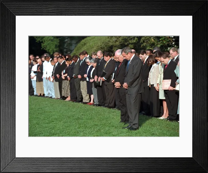 Framed Print : South Lawn Moment of Silence. Led by President George W. Bush and VP Dick Cheney, the White House staff observes the one-week anniversary of the 9 / 11 Terrorist Attacks. Sept Framed Print : South Lawn Moment of Silence. Led by President George W. Bush and VP Dick Cheney, the White House staff observes the one-week anniversary of the 9 / 11 Terrorist Attacks. Sept