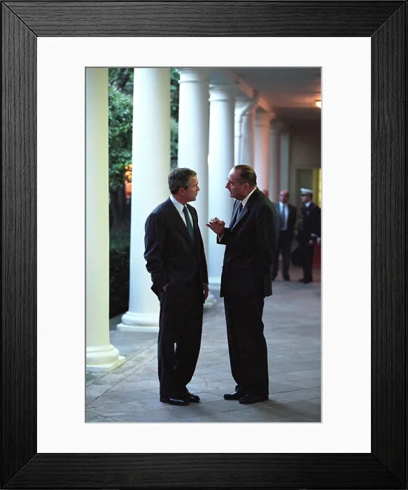 Framed Print : President George W. Bush talks with President Jacques Chirac of France. On the Colonnade at the White House, Sept 18, 2001