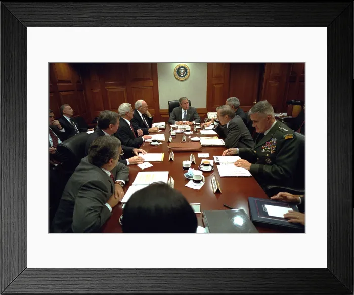 Framed Print : President George W. Bush with National Security Council, Sept 20, 2001. Within days after this meeting, U.S. equipment and soldiers arrived at Tuzel Airbase, in Uzbekistan
