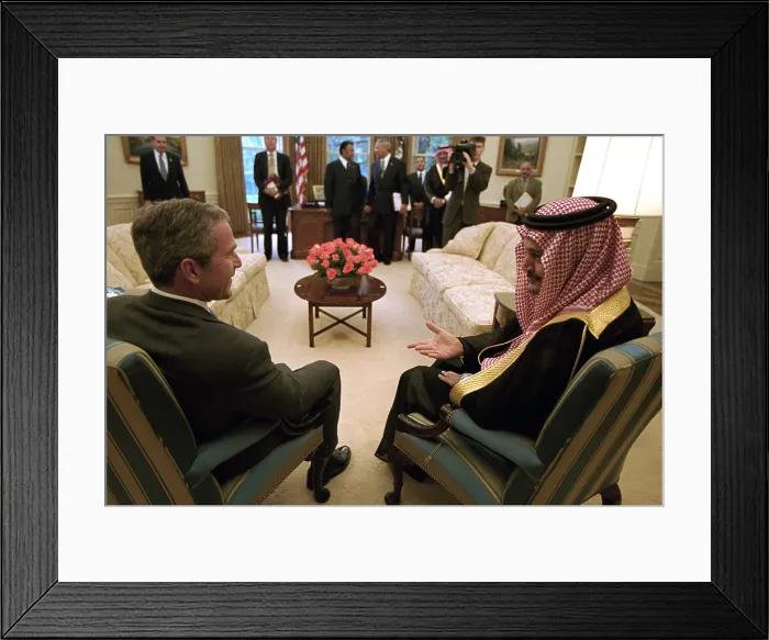 Framed Print : President George W. Bush meets with Foreign Minister Saudi Al-Fail of Saudi Arabia, Sept. 20, 2001. By this date, U.S Framed Print : President George W. Bush meets with Foreign Minister Saudi Al-Fail of Saudi Arabia, Sept. 20, 2001. By this date, U.S