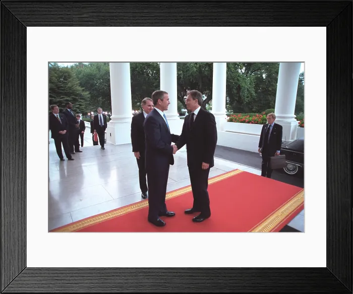 Framed Print : Pres. George W. Bush greets PM Tony Blair at the White House on Sept. 20, 2001 Framed Print : Pres. George W. Bush greets PM Tony Blair at the White House on Sept. 20, 2001