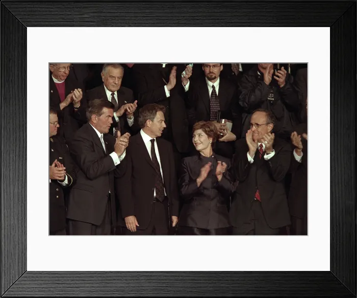 Framed Print : First Lady Laura Bush with Tom Ridge, PM Tony Blair, and NYC Mayor Rudy Giuliani. All three men were mentioned in President George W