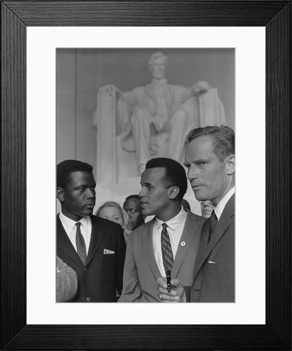 Framed Print : Actors Sidney Poitier, Charlton Heston and singer Harry Belafonte at the 1963 Civil Rights March on Washington. Aug. 28, 1963