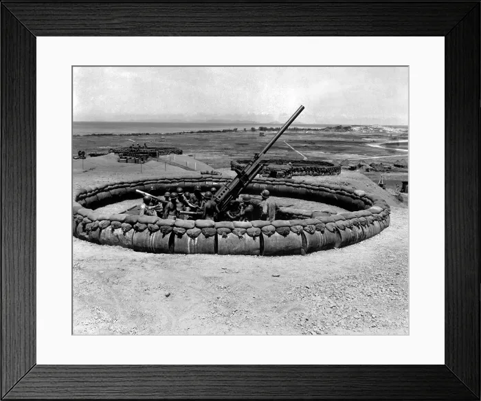 Framed Print : 90mm anti-aircraft gun emplacement with crew in pit on Okinawa, July 18, 1945. World War 2. (BSLOC_2014_10_155) Framed Print : 90mm anti-aircraft gun emplacement with crew in pit on Okinawa, July 18, 1945. World War 2. (BSLOC_2014_10_155)