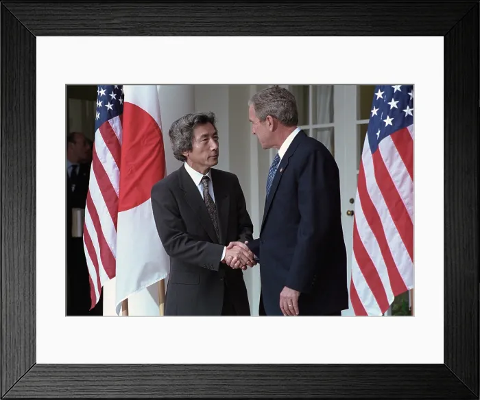 Framed Print : President George W. Bush shakes hands with Prime Minister Junichiro Koizumi of Japan. Sept. 25, 2001 Framed Print : President George W. Bush shakes hands with Prime Minister Junichiro Koizumi of Japan. Sept. 25, 2001