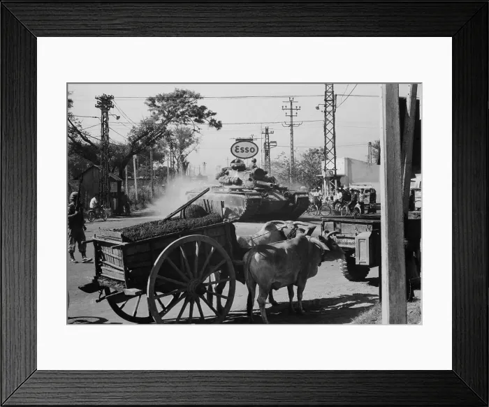 Framed Print : Vietnam War. A US Army tank shares the streets of Saigon with ox carts during the second year of the US escalation of the war. 1966 Framed Print : Vietnam War. A US Army tank shares the streets of Saigon with ox carts during the second year of the US escalation of the war. 1966