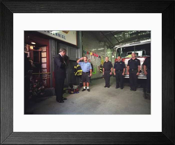 Framed Print : President George W. Bush visits with firefighters at Engine Co. 55 in New York City. Located in Little Italy, the company lost 8 men in the 9-11 Terrorist attacks. Oct. 3, 2001