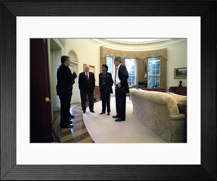Framed Print : President George W. Bush with CIA Dir. George Tenet, VP Dick Cheney and Condoleezza Rice. On Oct