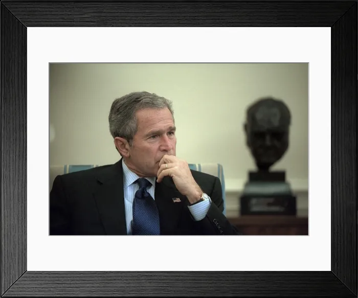 Framed Print : President George W. Bush during a meeting in the Oval Office of the White House. Oct. 10, 2001. In the background is a bust of Winston Churchill Framed Print : President George W. Bush during a meeting in the Oval Office of the White House. Oct. 10, 2001. In the background is a bust of Winston Churchill