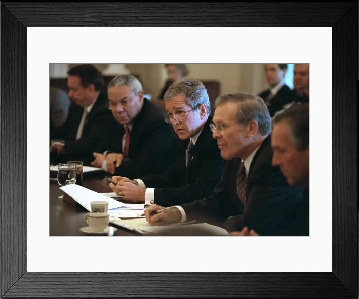 Framed Print : President George W. Bush Meets with his Cabinet on Oct. 10, 2001. Flanking Bush 43 are Sec. of State, Colin Powell (left); and Sec. of Defense Donald Rumsfeld