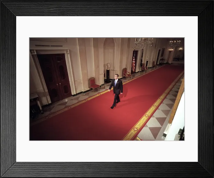 Framed Print : President George W. Bush walks to the East Room for a prime-time news conference, Oct. 11, 2001 Framed Print : President George W. Bush walks to the East Room for a prime-time news conference, Oct. 11, 2001