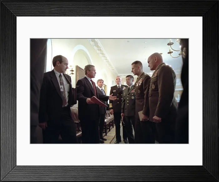 Framed Print : President George W. Bush with Chiefs of Staff, Oct. 24, 2001. Meeting with him are from left: Adm. Richard Mies, Gen. Eric Shinseki, Gen. Peter Pace, and Gen. Michael Williams