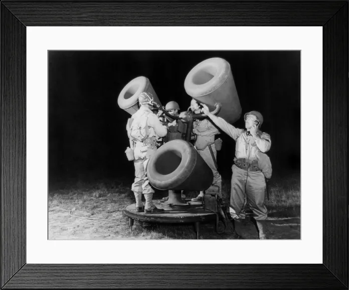 Framed Print : Allied anti-aircraft listening device which amplified the sound of distant airplane engines. World War 2. Ca. 1941-1945. (BSLOC_2014_10_167) Framed Print : Allied anti-aircraft listening device which amplified the sound of distant airplane engines. World War 2. Ca. 1941-1945. (BSLOC_2014_10_167)