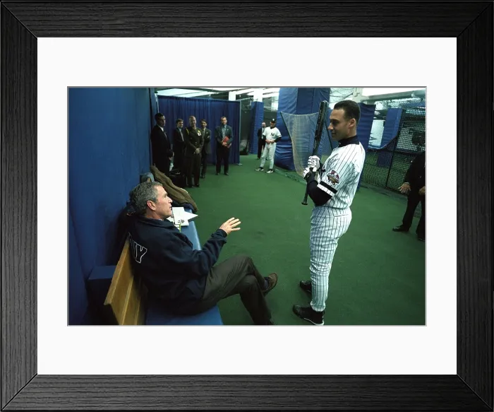 Framed Print : President George W. Bush Derek Jeter before the first pitch in Game 3 of the World Series. Oct. 30, 2001 at Yankee Stadium. (BSLOC_2015_2_179) Framed Print : President George W. Bush Derek Jeter before the first pitch in Game 3 of the World Series. Oct. 30, 2001 at Yankee Stadium. (BSLOC_2015_2_179)