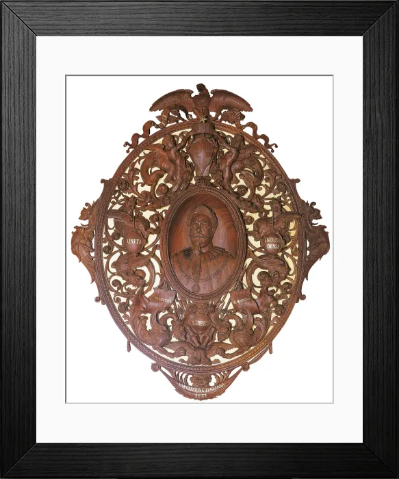 Framed Print : Medallion with Portrait of Victor Emmanuel II, by Unknown artist, 19th Century, 1861, carved wood, - Italy, Tuscany, Florence, Palazzo Pitti, Modern Art Gallery. All Framed Print : Medallion with Portrait of Victor Emmanuel II, by Unknown artist, 19th Century, 1861, carved wood, - Italy, Tuscany, Florence, Palazzo Pitti, Modern Art Gallery. All