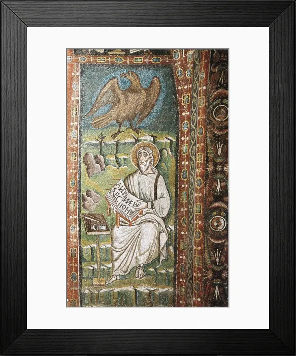 Framed Print : St. John the Evangelist represented with the eagle. VI century. Intermediate band of mosaics in the main nave. Early Byzantine art. Mosaic. ITALY. Ravenna Framed Print : St. John the Evangelist represented with the eagle. VI century. Intermediate band of mosaics in the main nave. Early Byzantine art. Mosaic. ITALY. Ravenna