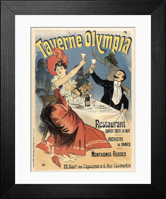 Framed Print : CHERET, Jules (1836-1932). Advertising of restaurant 'Taverne Olympia' in Paris. Printed in 1899. Poster (119 x 81 cm.). Contemporary Art. Litography. - J
