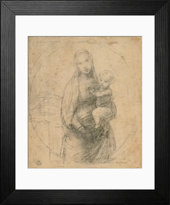 Framed Print : Madonna and Child at two thirds figure, by Sanzio Raffaello, 15th Century -16th Century, 1483 -1520, black pencil and traces of stylus, white paper slightly yellowed, - Italy