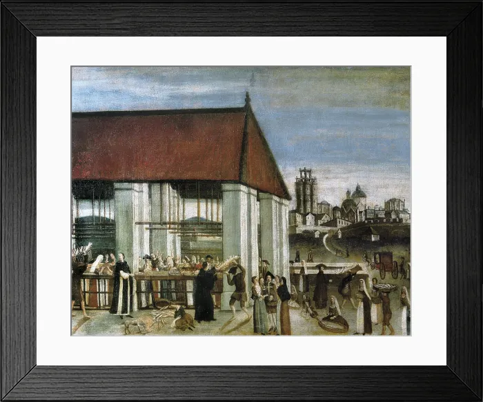 Framed Print : Selling fish in the market 'El Bornet' of Barcelona with the fortress 'La ciudadela' (Citadel) in the background. Anonymous work ca. 1775. Detail Framed Print : Selling fish in the market 'El Bornet' of Barcelona with the fortress 'La ciudadela' (Citadel) in the background. Anonymous work ca. 1775. Detail