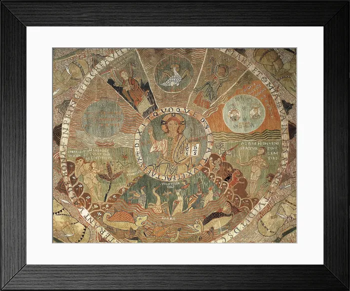 Framed Print : Tapestry of Creation. 1st half 12th c. Central detail. Creation of the heaven, earth and animal and vegetal life. Romanesque art. Tapestry. SPAIN. Gerona