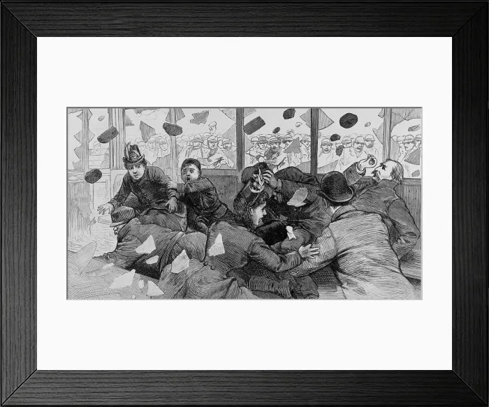 Framed Print : TOP: Passengers inside a South Boston Street car are showered with broken glasses as strikers throw rocks and bricks in February 1887. BOTTOM: Police charging on the rioters