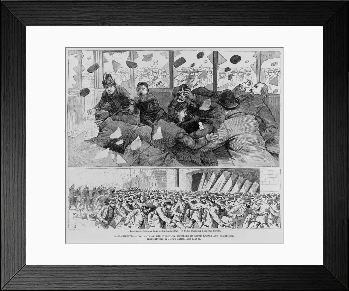 Framed Print : Passengers inside a South Boston Street car are showered with broken glasses as strikers throw rocks and bricks in February 1887 Framed Print : Passengers inside a South Boston Street car are showered with broken glasses as strikers throw rocks and bricks in February 1887