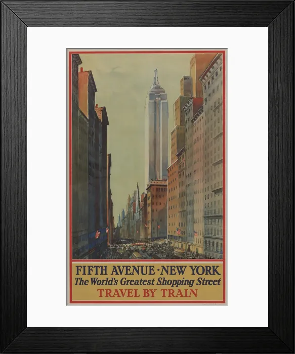 Framed Print : 1930s poster shows bird's-eye view of street and skyscrapers on Fifth Avenue, including Empire State Building Framed Print : 1930s poster shows bird's-eye view of street and skyscrapers on Fifth Avenue, including Empire State Building