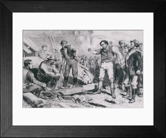 Framed Print : Eight-hour strikers threatening non-strikers on a New York City construction site. Ca. 1870
