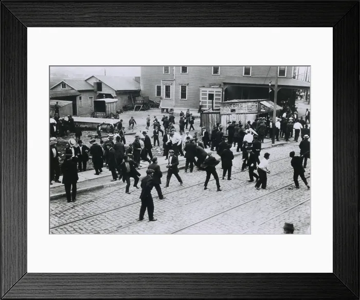 Framed Print : Polish oil refinery workers in Bayonne, New Jersey, confront company guards outside the Standard Oil Works moments before the private police opened fire Framed Print : Polish oil refinery workers in Bayonne, New Jersey, confront company guards outside the Standard Oil Works moments before the private police opened fire