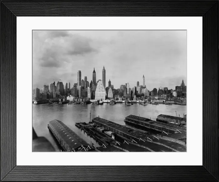 Framed Print : Downtown New York City skyline from Brooklyn, 1931. Towers in the financial District include the Singer Building, demolished in 1968 to clear the site for 1 Liberty Plaza