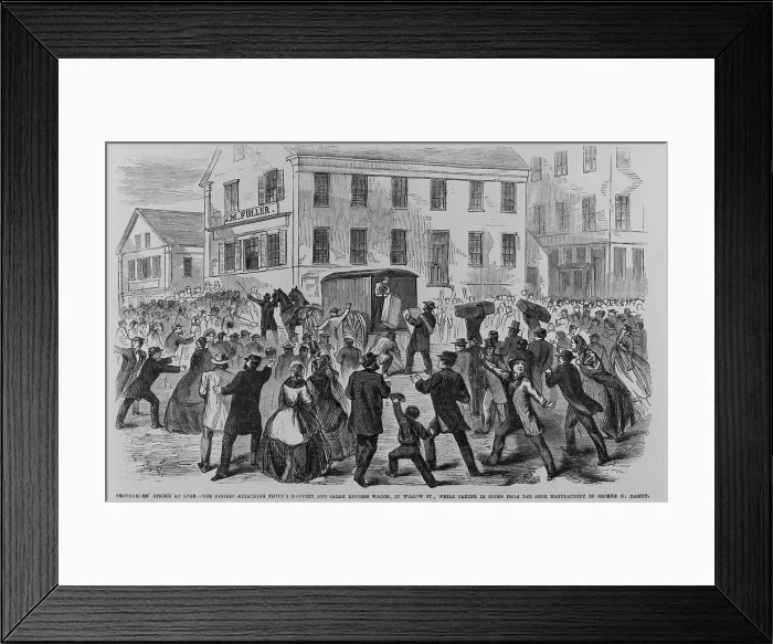 Framed Print : The rioting strikers attacking a shipment of shoes in an express wagon during the Lynn, Massachusetts shoemakers strike in March 1860