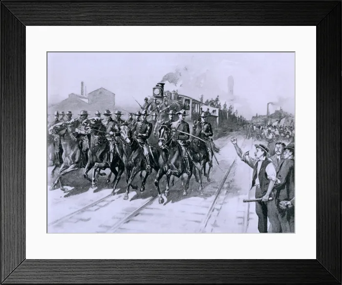Framed Print : During the Pullman Strike of 1894, the first meat Train leaving Chicago Stock Yards was escorted by United States Cavalry, July 10, 1894 Framed Print : During the Pullman Strike of 1894, the first meat Train leaving Chicago Stock Yards was escorted by United States Cavalry, July 10, 1894